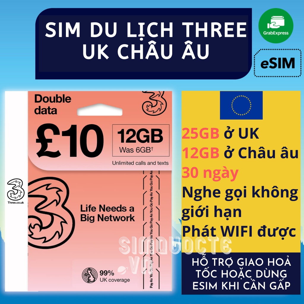Sim Du Lịch Châu Âu Three UK Mỹ USA 12GB Internet tốc độ cao trong 30 Ngày Nghe gọi không giới hạn
