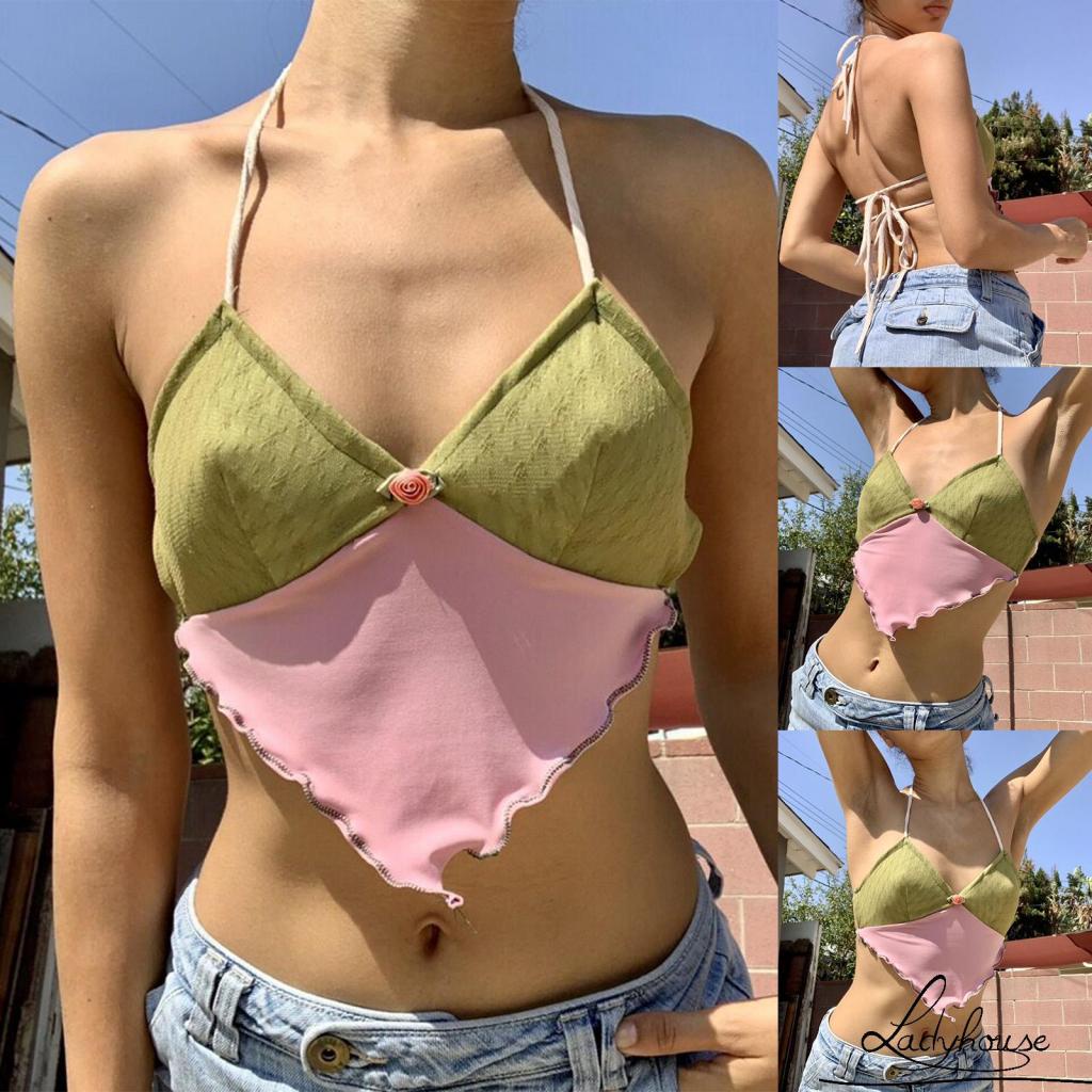 Áo cổ chữ V hở lưng màu sắc tương phản quyến rũ thời trang cho nữ