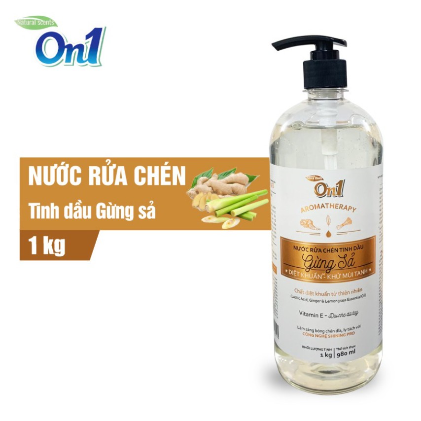 Nước rửa chén On1 tinh dầu hương gừng sả 1Kg - Sạch bóng vết dầu mỡ - Bảo vệ da tay