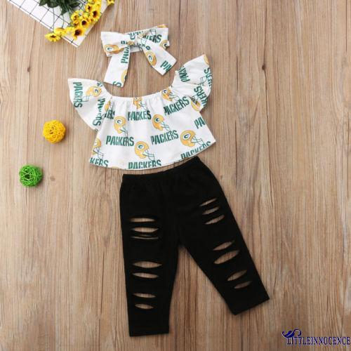 ❤XZQ-Cute Style Kids Baby Girls Off Shoulder Tops Ripped Leggings Pants 3PCS Outfits Set