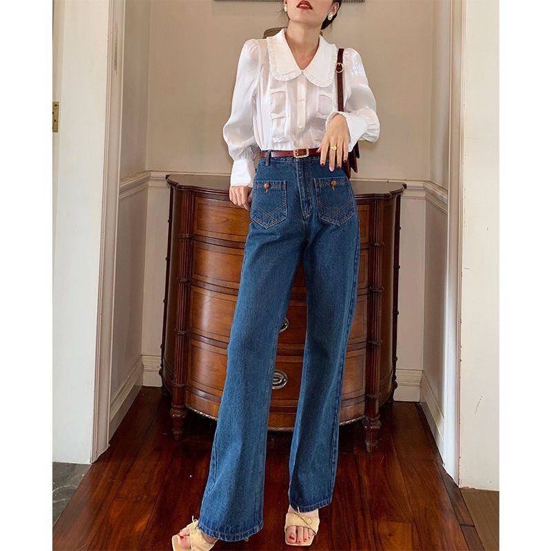Quần jeans Dài Lưng Cao Ống Rộng Phong Cách retro Hong Kong Cho Nữ