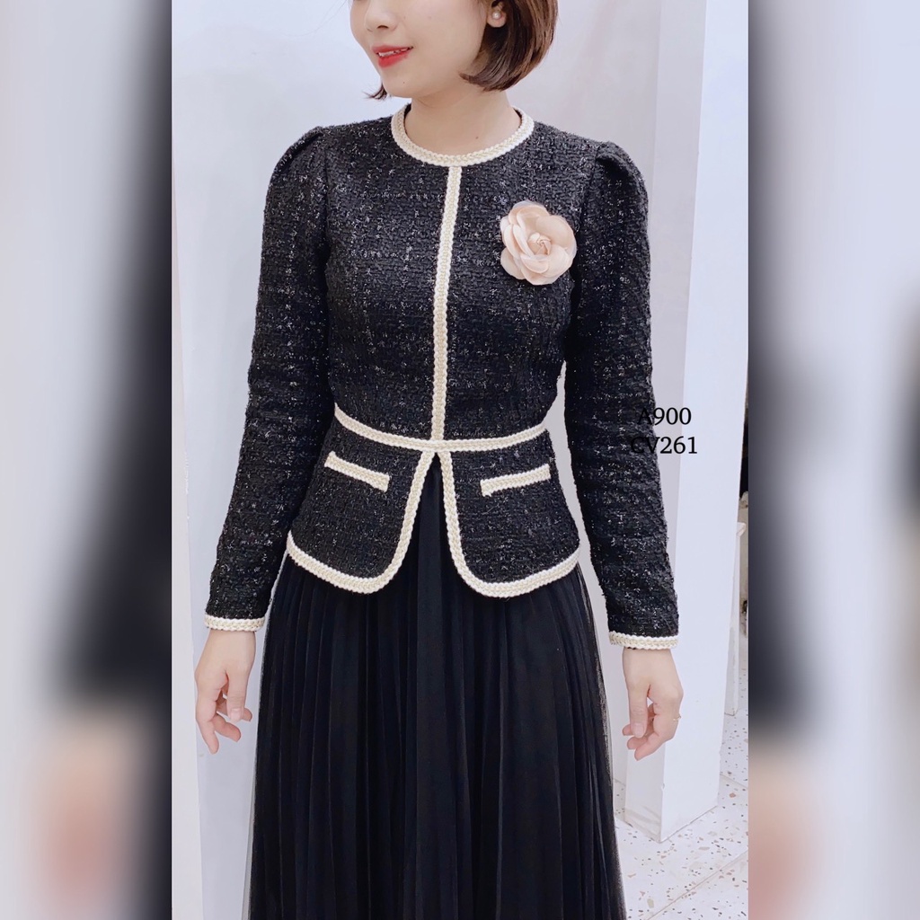 Áo dạ tweed nữ dáng ngắn tiểu thư kiểu peplum công sở dài tay cao cấp Cúc Fashion A900 | BigBuy360 - bigbuy360.vn