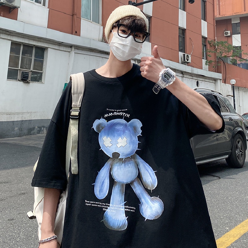 Áo thun tay ngắn cổ tròn dáng rộng in họa tiết gấu phong cách cá tính Hàn Quốc thời trang đường phố cho nam size S-8XL