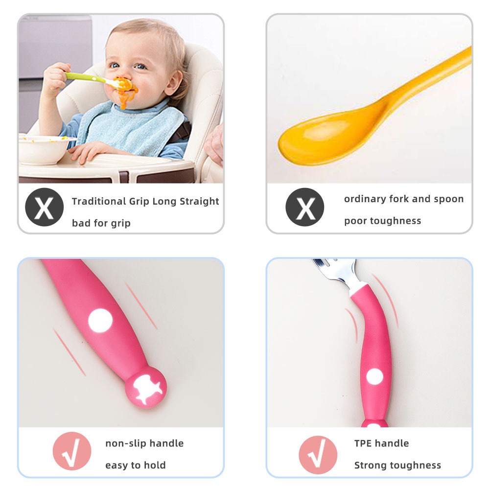 Bộ thìa dĩa tập xúc bẻ cong 360 độ chất liệu inox 304