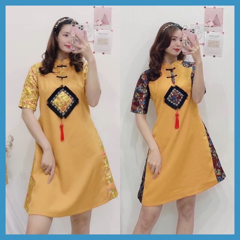 ﹊♦❈Áo dài cách tân phong cách, đầm đỏ sườn xám phối gấm hoa cao cấp