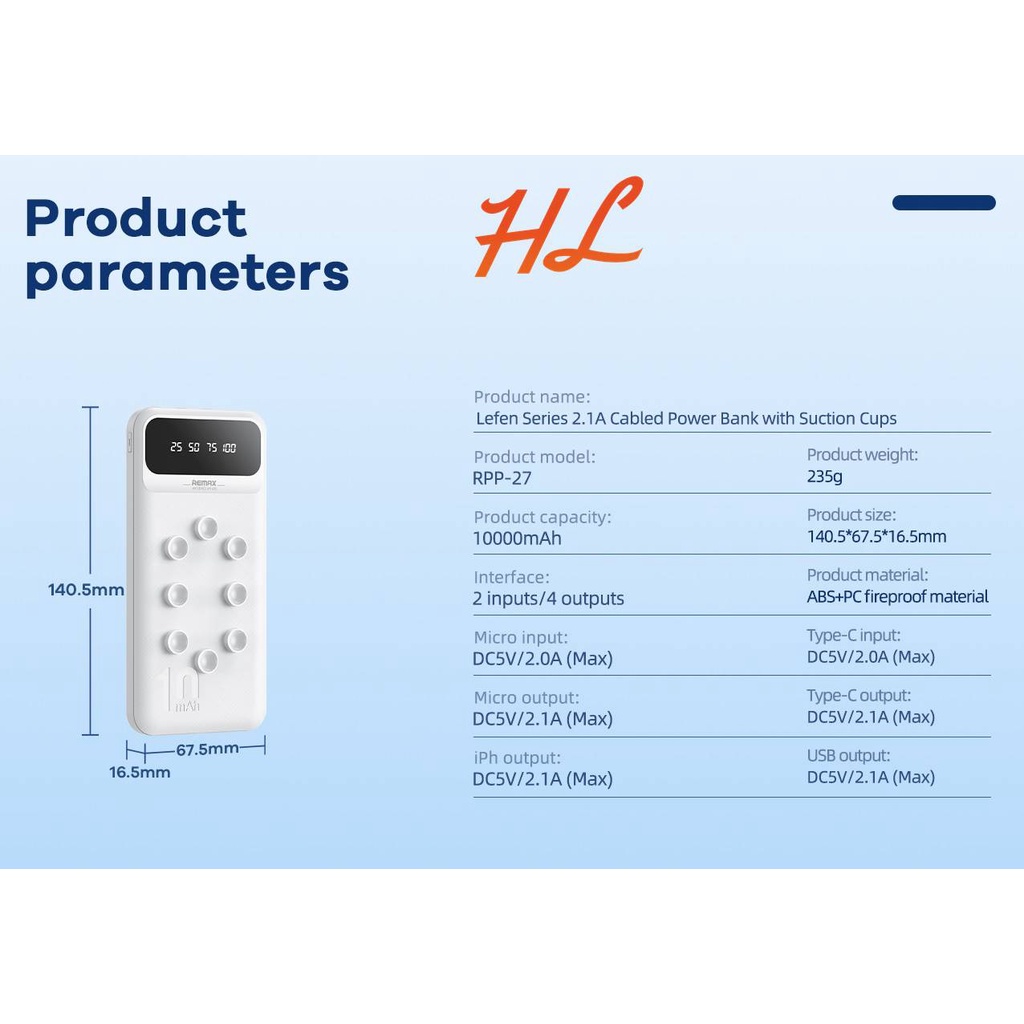 Pin Dự Phòng Remax 10000mAh RPP-27 (Kèm Cáp Sạc 3 Đầu, Tích Hợp Cao Su Giữ Điện Thoại) - BH 12T - Hunglongpc