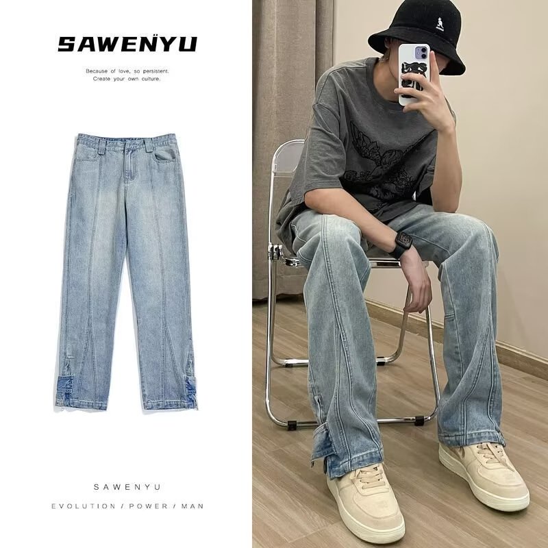 Quần Jean Dài Ống Rộng Phối Khóa Kéo Thời Trang Mùa Hè Cho Nam