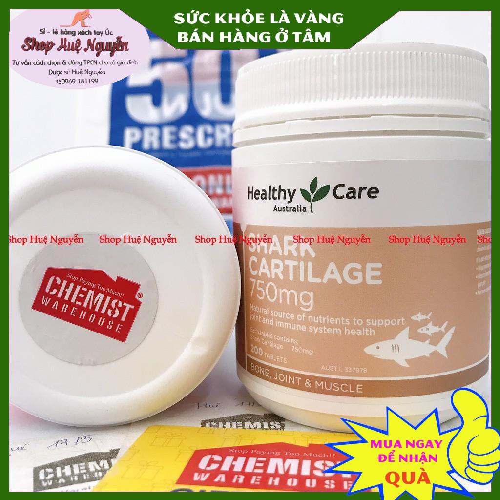 Sụn vi cá mập Healthy Care Shark Cartilage 750mg 200 viên, bổ xương khớp và tái tạo chất nhờn cho khớp, mẫu mới của Úc