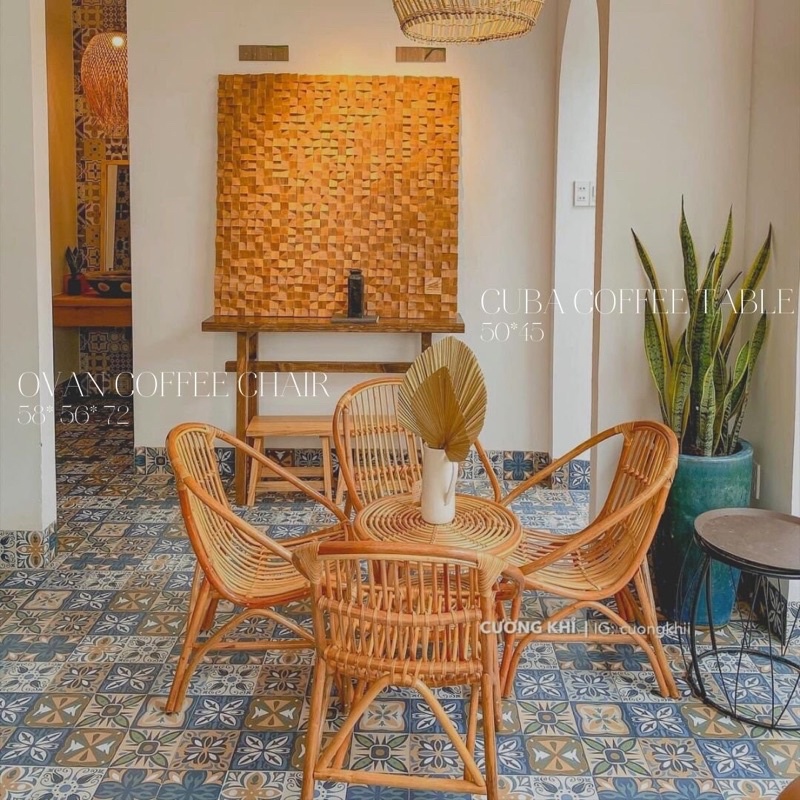 Combo Bàn Tròn Mây 2 tầng và ghế cafe ovan dành cho ban công, sân vườn, phòng khách, quán cafe, homestay, nhà hàng, trà.