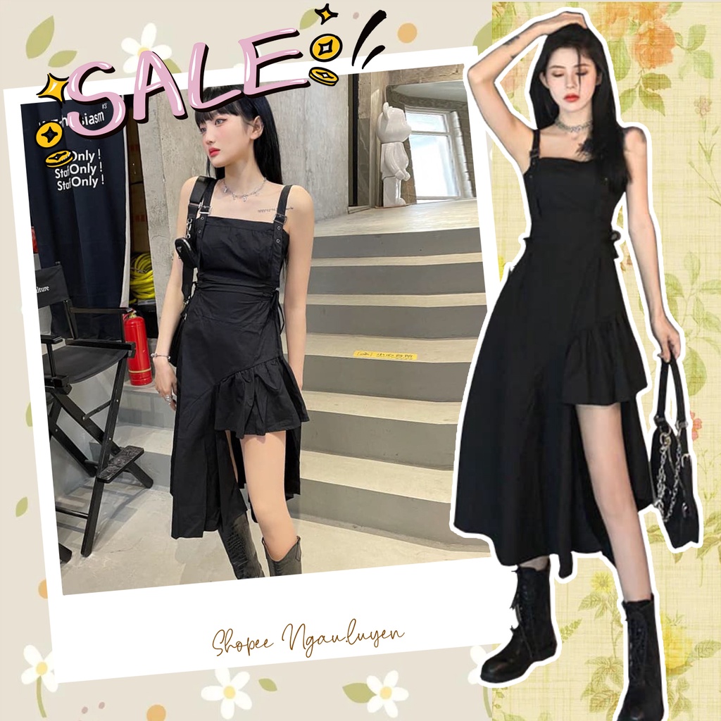 V017 Đầm hai dây dạ tiệc thắt eo vạt đùi dáng dài tiểu thư, Váy hai dây ôm body đen vạt chéo Ulzzang cá tính cute