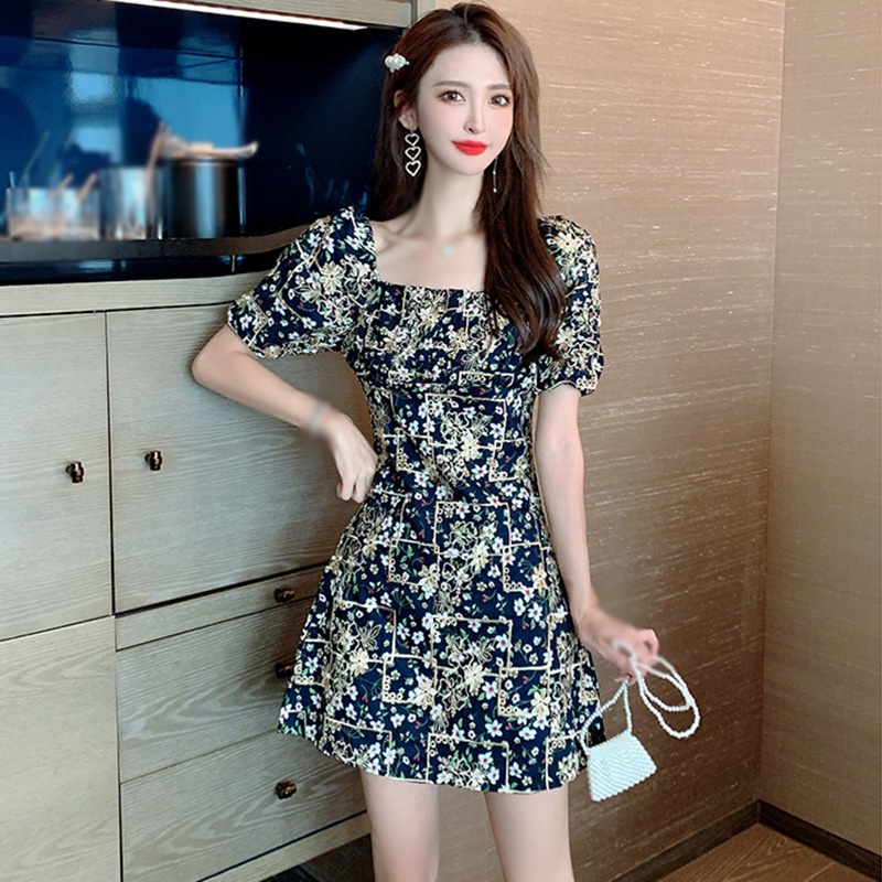 Đầm Dáng Chữ A Tay Phồng Cổ Vuông In Họa Tiết Hoa Phong Cách Retro Kiểu Pháp