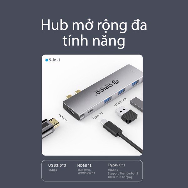 Hub chuyển đổi USB Type-C 5 trong 1 ORICO 2CT-5H-GY1 - Hàng Chính Hãng