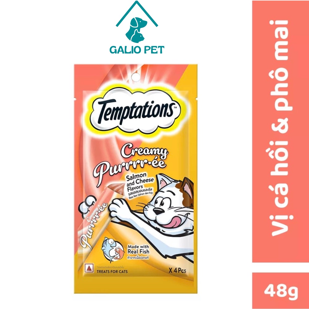 TEMPTATIONS Súp thưởng - Creamy Purrrr-ée cho mèo lớn vị cá hồi và phô mai, 48g. Sốt thưởng làm từ thịt cá thật