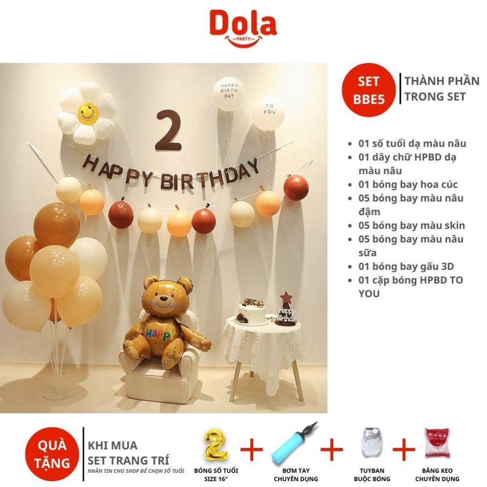 Set sinh nhật cho bé trai Dola Authentic, trang trí sinh nhật bé gái tone màu nâu hàn quốc SET-BBE9