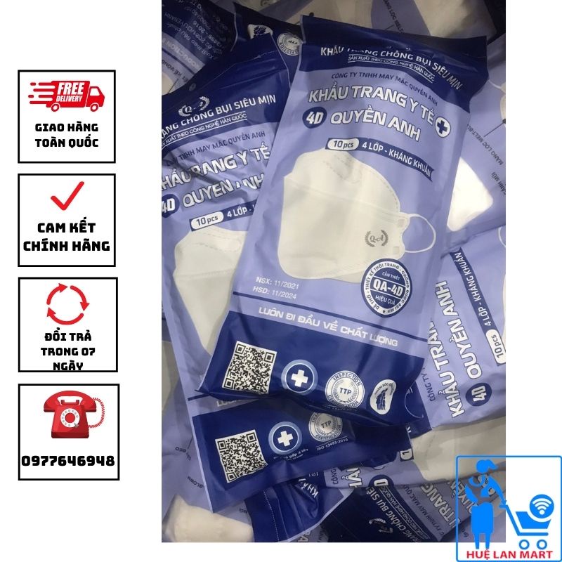 Khẩu trang y tế cao cấp quyền Anh 4d chống bụi siêu mịn, kháng khuẩn, công nghệ Hàn Quốc  4 lớp túi 10 cái