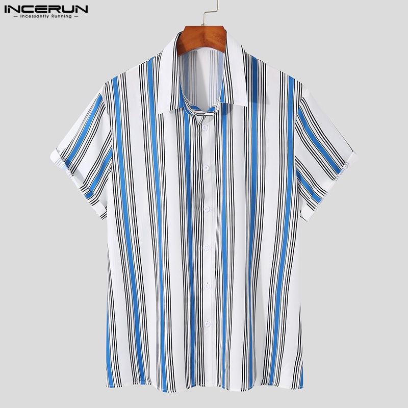 Áo sơ mi INCERUN tay dài dáng ngắn họa tiết kẻ sọc thời trang màu hè cho nam
