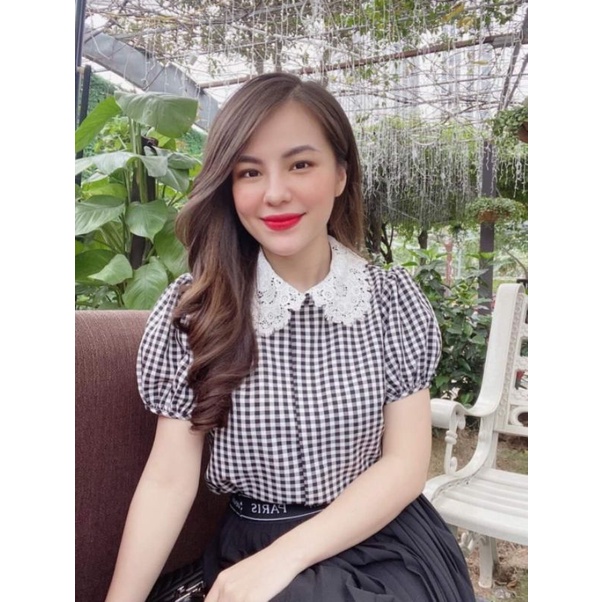 Áo Sơ Mi Nữ Kẻ Phối Cổ Ren Form Dáng Siêu Đẹp