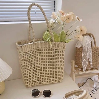 Giỏ cói Tote xách vuông - đan lưới caro thưa - phong cách Vintage