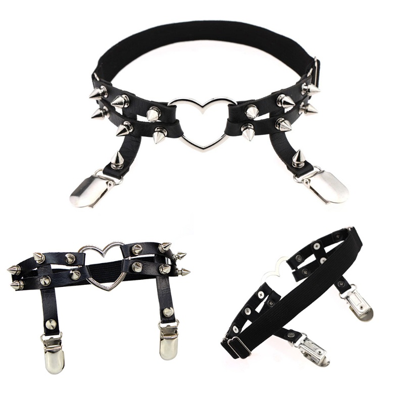 Kẹp tất dạng đai bằng da nhân tạo phối đinh tán hình trái tim kiểu gothic punk có thể điều chỉnh chống trượt cho nữ