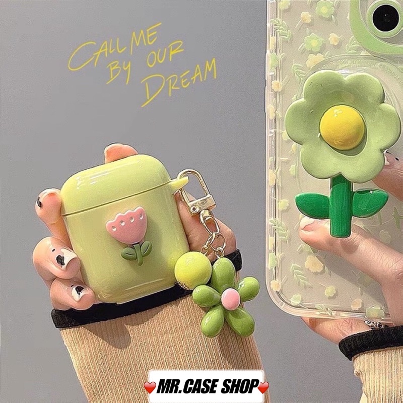 [ CÓ AP 3 ] Case Airpods 1/2 /Pro Vỏ Ốp Tai Nghe Hình Hoa Màu Xanh Lá Xinh  - Mr.Case AirPods