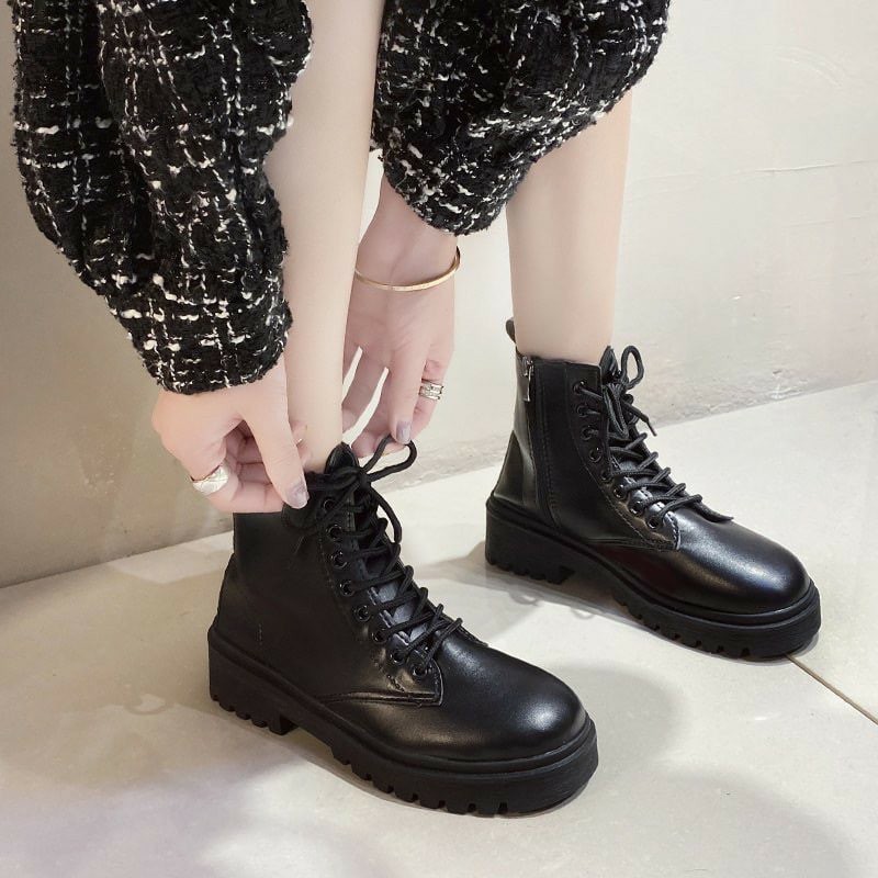 Giày boots nữ cổ thấp Ulzzang buộc dây có kéo khóa đế 5 phân siêu hot 2021