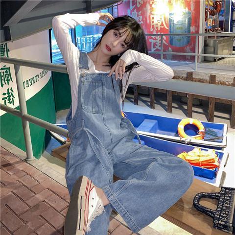 Quần Yếm Denim Dáng Rộng Phong Cách Hàn Quốc Thời Trang Xuân Thu Cá Tính Cho Nữ