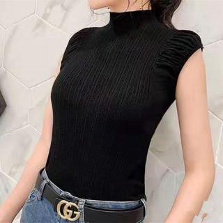 Hàng mới v high women's top sleeveless half vest New collar simple Pullover solid pleated