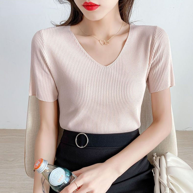 Áo Thun Lụa Dệt Kim Mỏng Tay Ngắn Cổ Chữ v Dáng Rộng Thời Trang Mùa Hè Kiểu Mới Cho Nữ