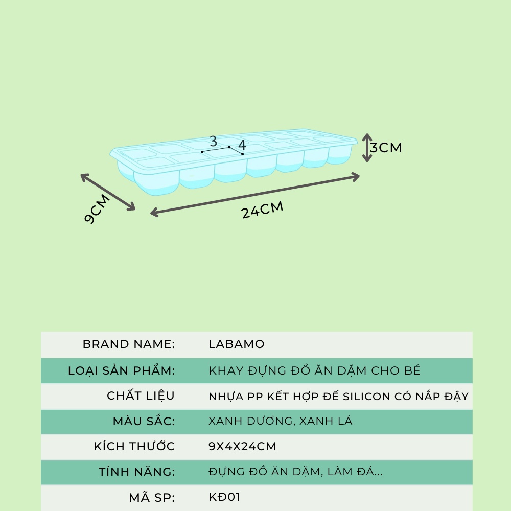 Khay trữ đông đựng đồ ăn dặm cho bé làm đá có đế silicon và nắp LABAMO