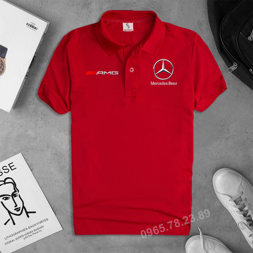 Áo thun Polo có cổ Mercedes - AMG Đỏ Cao Cấp, Cotton thoáng mát không bông xù ngắn tay Gucati