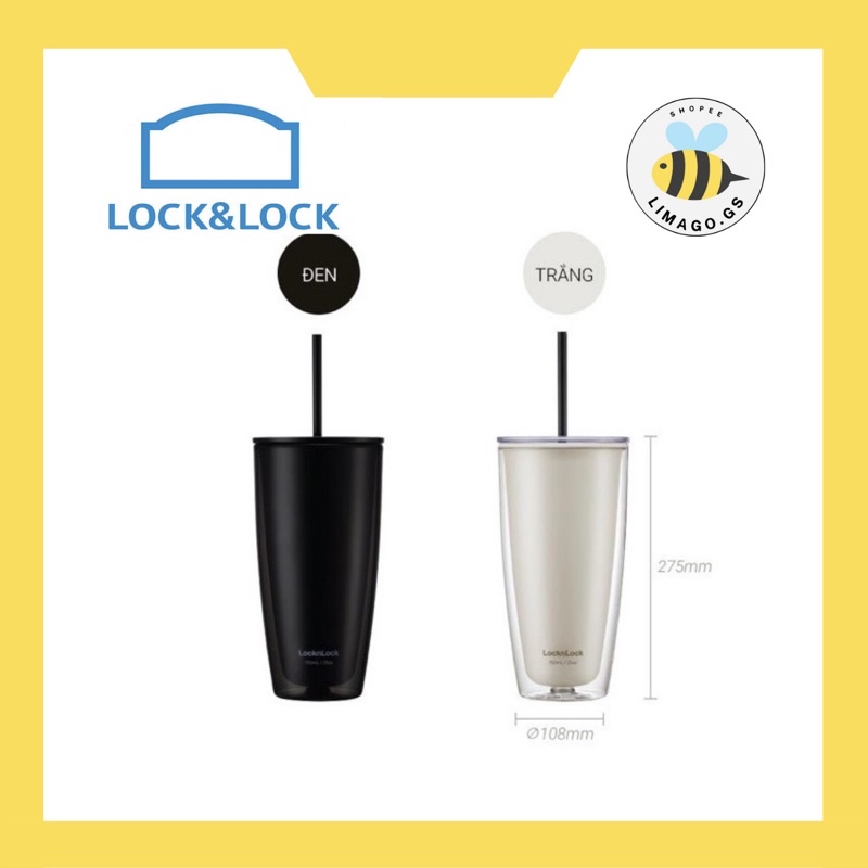 Ly nhựa 2 lớp LocknLock kèm ống hút HAP507 750ml - Hàng Chính Hãng - Trắng/Đen