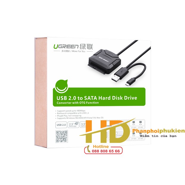 Cáp Converter USB 2.0 to SATA cho ổ cứng HDD 2,5 và 3,5 Ugreen 20215