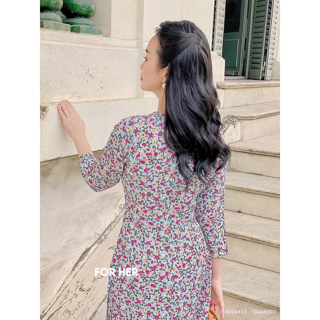 Áo Dài Cổ Tròn Xanh Hoa Đỏ AD01413