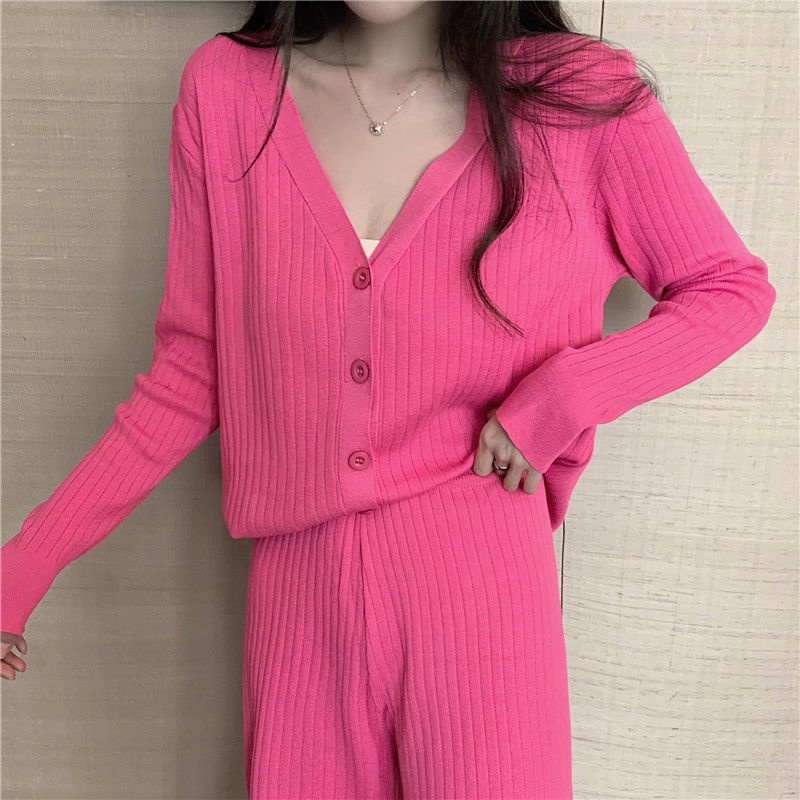 Set Áo Khoác Cardigan Dệt Kim Cổ Chữ V + Quần Dài Ống Rộng Thời Trang Nữ