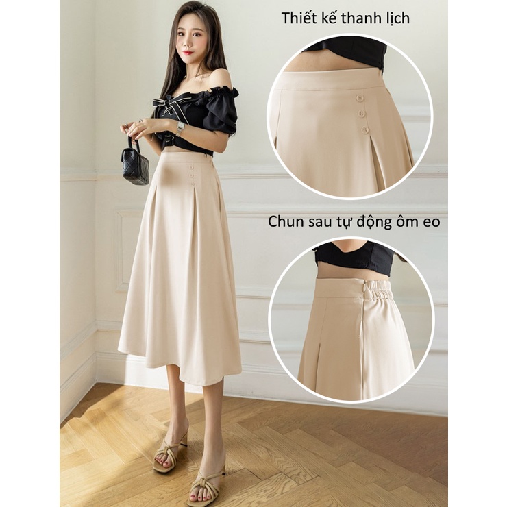 Chân váy dài chữ A Midi công sở xòe qua gối có BIGSIZE chun sau phong cách sang trọng trẻ trung đi làm đi chơi CV42