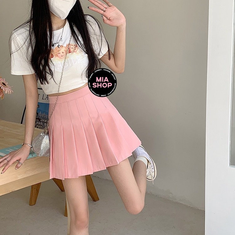 Chân váy xếp ly MIA, Chân váy tennis dáng ngắn xòe chữ A lưng cao, màu hồng pastel, có bigsize