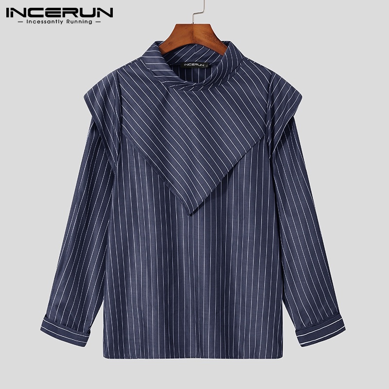 Áo INCERUN họa tiết sọc kiểu dáng không đồng đều tay dài cổ cao dành cho nam