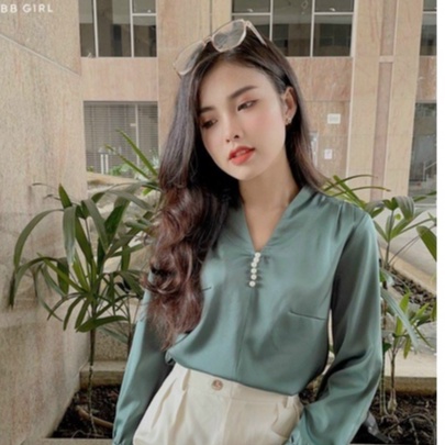 Áo sơ mi nữ dài tay satin cổ V dạo phố công sở quyến rũ đủ màu cao cấp
