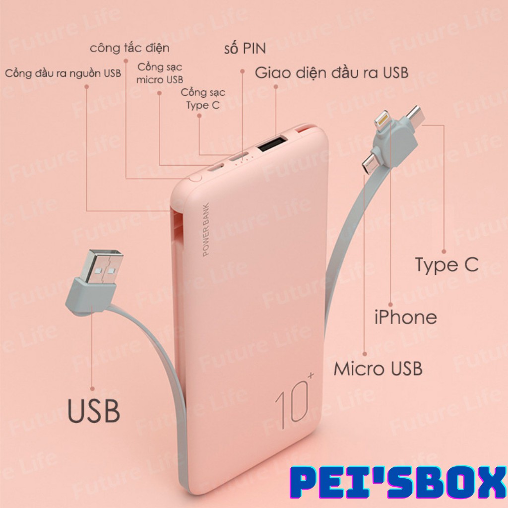 Sạc Dự Phòng 10000mAh P317 đi kèm với cáp sạc hỗ trợ sạc nhiều thiết bị cùng lúc