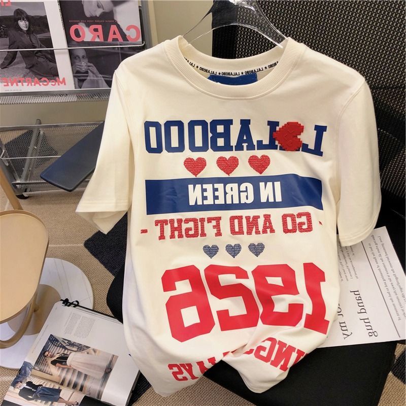 Áo Thun Tay Ngắn Dáng Rộng In Chữ Và Hình Trái Tim Thiết Kế Mới Thời Trang Theo Phong Cách retro Cho Nữ