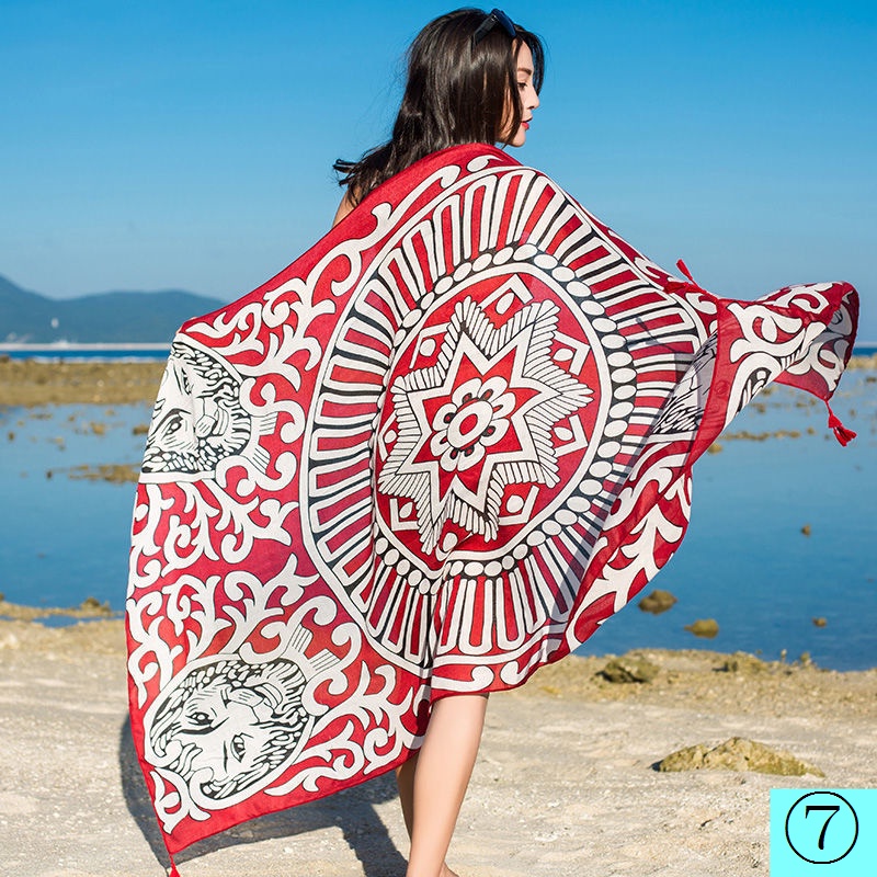 Khăn Choàng Cotton Lanh Cỡ Lớn Phối Tua Rua Phong Cách Bohemian Thời Trang Đi Biển Cho Nữ