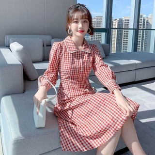 Đầm Sơ Mi Ca Rô Dài Tay Cổ Bẻ Thời Trang Nữ 2020