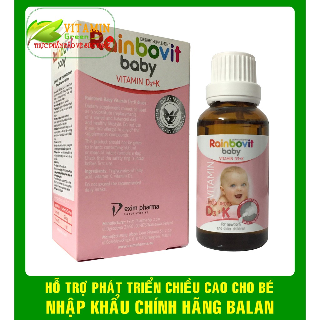 Rainbovit BABY VITAMIN D3 + K GIÚP BÉ PHÁT TRIỂN CHIỀU CAO, GIÚP XƯƠNG RĂNG CHẮC KHỎE | NHẬP KHẨU CHÍNH HÃNG BALAN