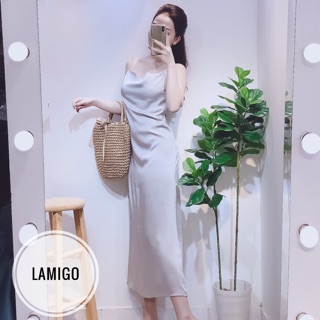 Váy maxi lụa satin 2 dây cổ đổ 5 màu