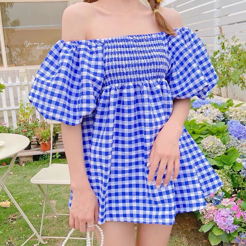 Đầm Trễ Vai Tay Bồng Caro PEONYB Nữ [FREESHIP] 🌸 Váy babydoll hở lưng bánh bèo tiểu thư màu XANH | HỒNG Ulzzang HOT 🌸 | BigBuy360 - bigbuy360.vn