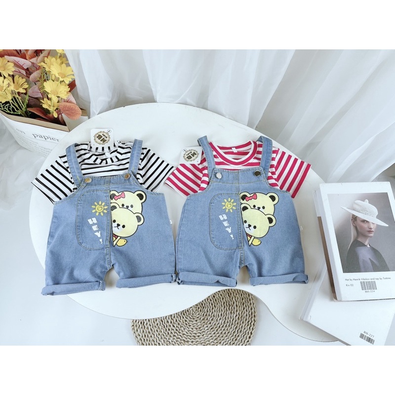 Yếm gấu kèm áo kẻ mb cho bé