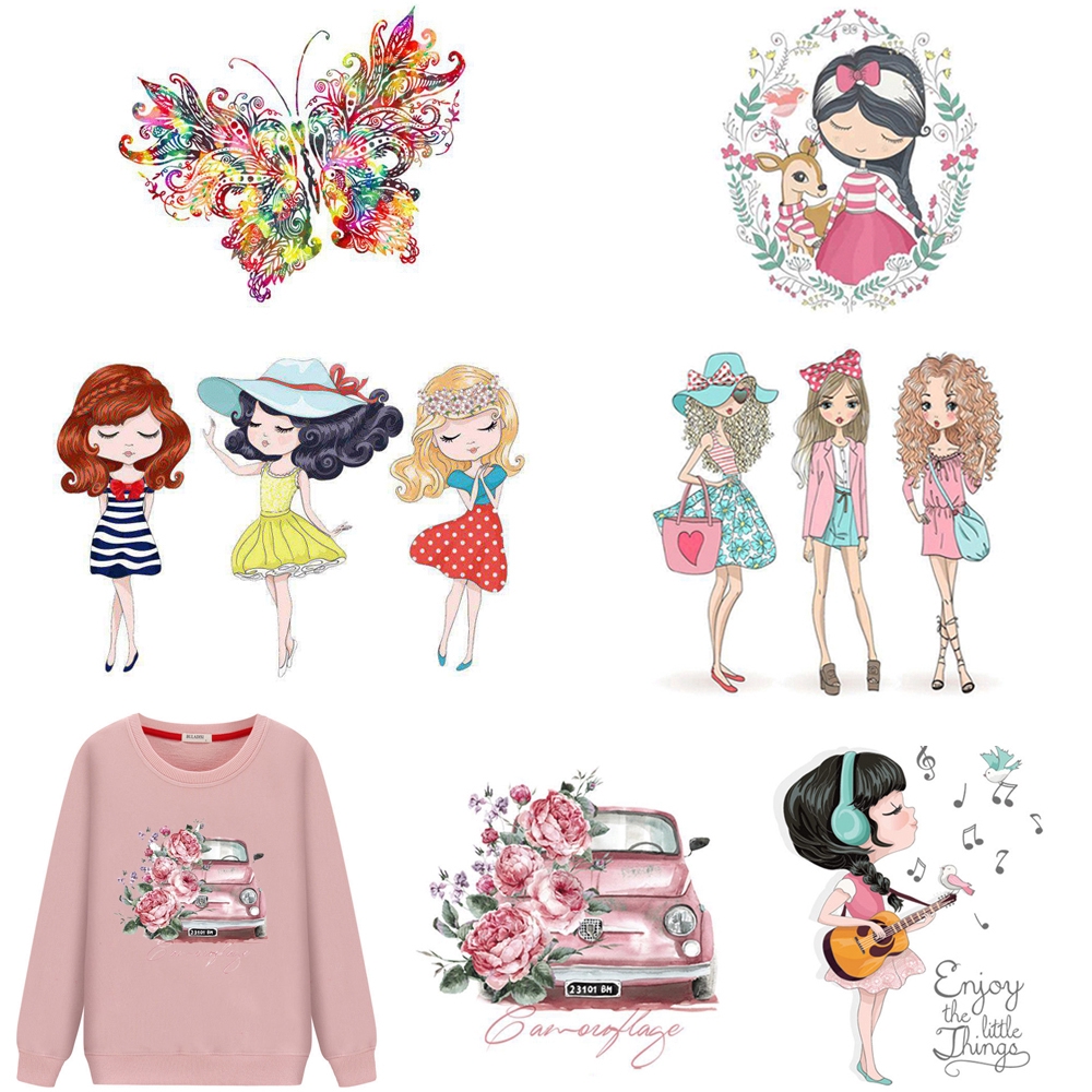 QQMALL T-shirts Clothing Thermal Patch Girls Ironing Stickers Heat Transfers Stickers