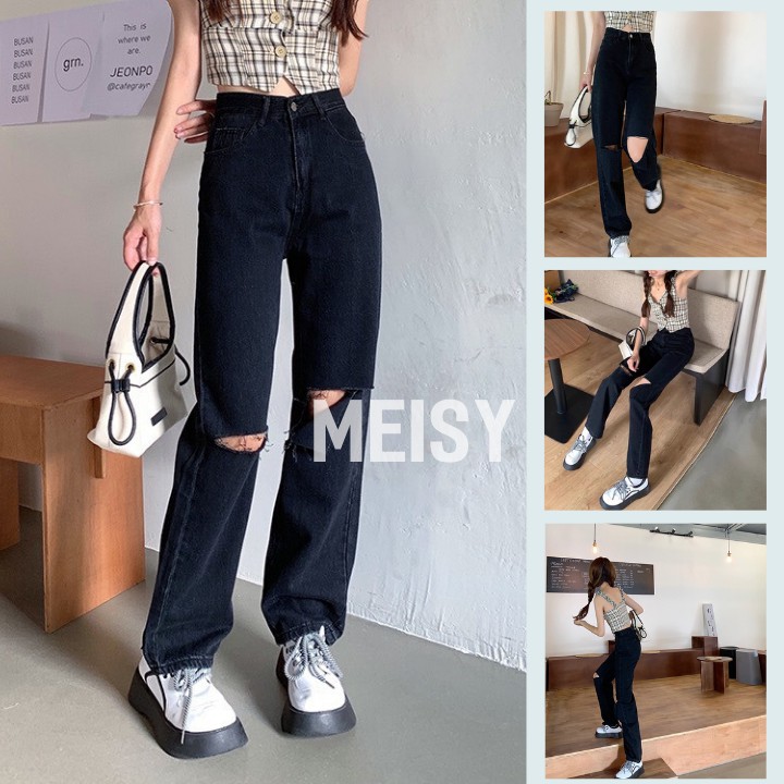 Quần Jeans Nữ Màu Đen Rách Gối Cạp Lưng Cao Phong Cách Ulzzang (Meisy)