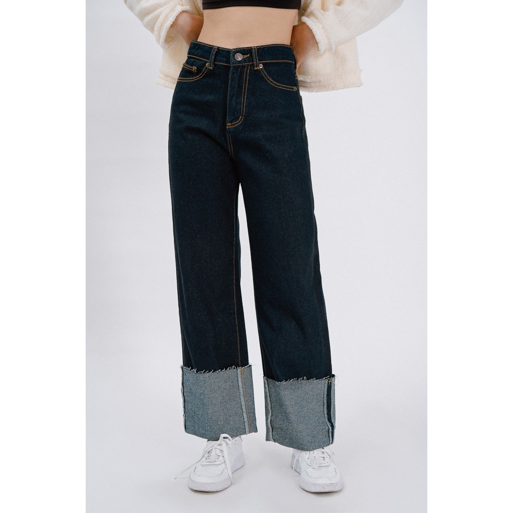 LIBÉ - Quần jeans dài xắn lai dáng rộng màu xanh đen