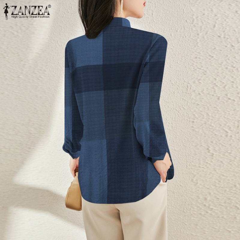 Áo sơ mi ZANZEA tay dài cổ chữ V kẻ sọc caro phong cách vintage cho nữ